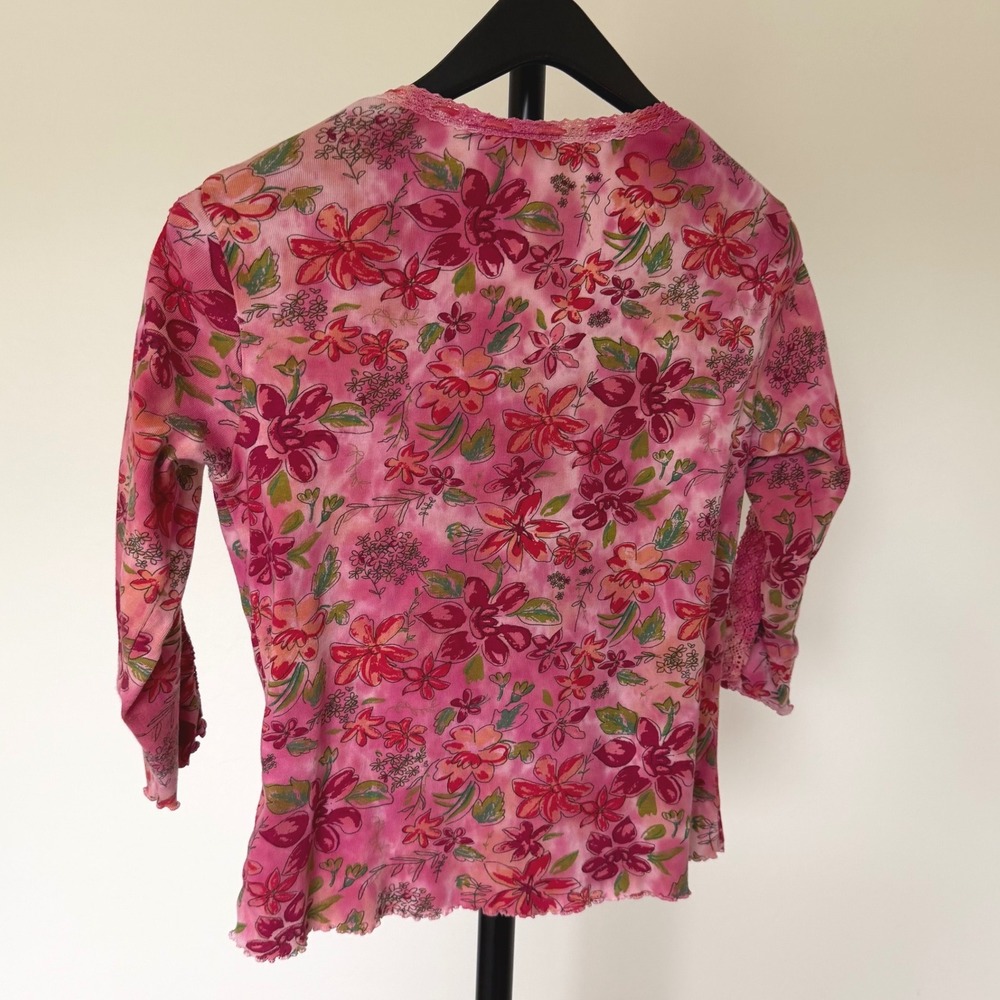 Y2K Boho Fairy Womens Pink Tie Dye Floral Lace Trim 3/4 Sleeve Cotton Top Medium - Picture 5 of 7